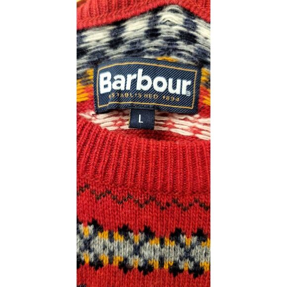 Barbour 100% Wool Sz. L Grandpa Pattern Holiday Sweater Jumper Red and Stripe - Picture 4 of 7